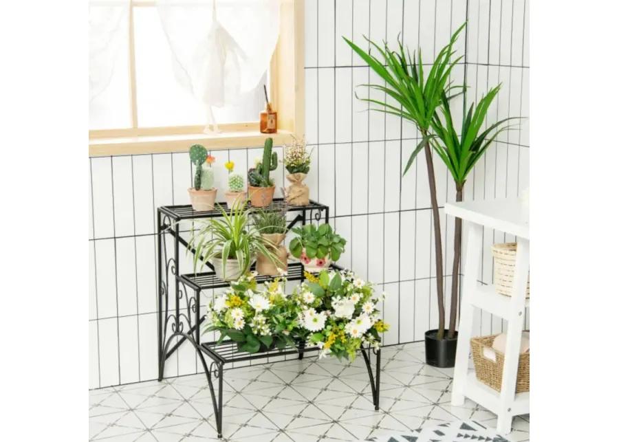 Hivvago 3-Tier Metal Plant Stand with Widened Grid Shelf for Porch Garden-Black