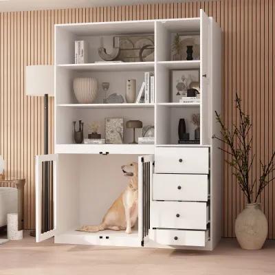 Dog House Furniture Style Dog Crate Storage Cabinet, Large Dog Crate with Dog Bowl, 1-Cabinet, 3-Shelves 4-Drawers White