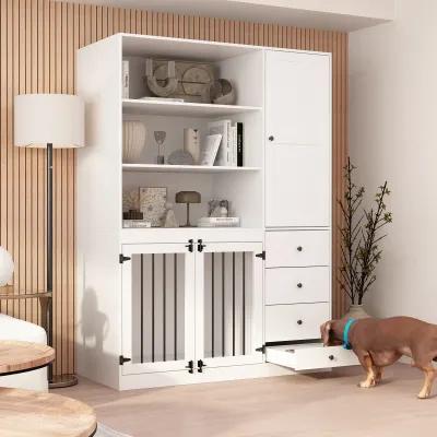 Dog House Furniture Style Dog Crate Storage Cabinet, Large Dog Crate with Dog Bowl, 1-Cabinet, 3-Shelves 4-Drawers White