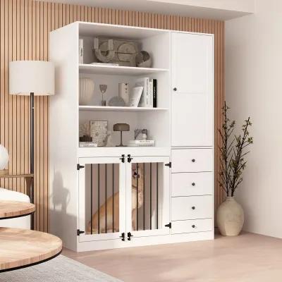 Dog House Furniture Style Dog Crate Storage Cabinet, Large Dog Crate with Dog Bowl, 1-Cabinet, 3-Shelves 4-Drawers White