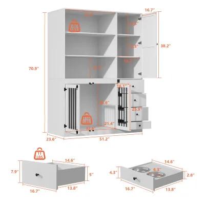 Dog House Furniture Style Dog Crate Storage Cabinet, Large Dog Crate with Dog Bowl, 1-Cabinet, 3-Shelves 4-Drawers White