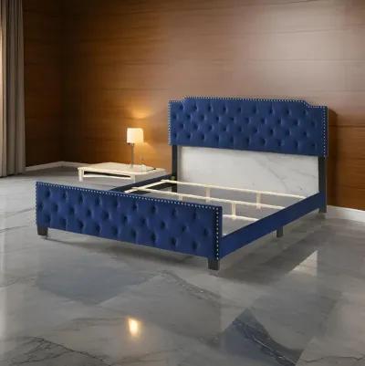 Agapi King Size Bed, Button Tufted, Nailhead Trim, Blue Fabric Upholstery - Benzara