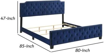 Agapi King Size Bed, Button Tufted, Nailhead Trim, Blue Fabric Upholstery - Benzara