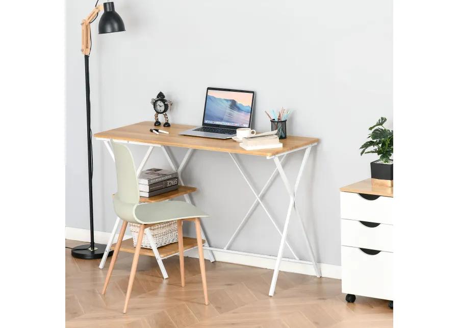 Natural Wood Study Station: Corner Desk with 2-Tier Storage Shelves