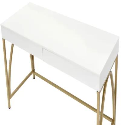 Rectangular Wooden Frame Desk with 2 Drawers and Metal Legs, White and Gold-Benzara