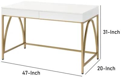 Rectangular Wooden Frame Desk with 2 Drawers and Metal Legs, White and Gold-Benzara