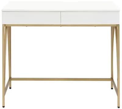 Rectangular Wooden Frame Desk with 2 Drawers and Metal Legs, White and Gold-Benzara