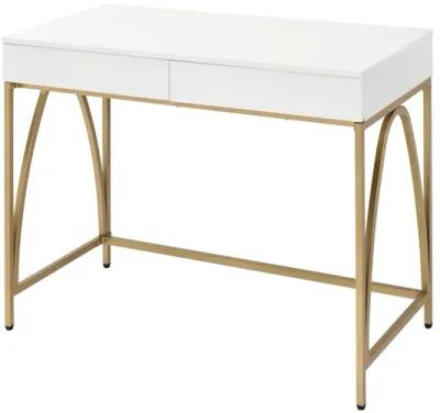 Rectangular Wooden Frame Desk with 2 Drawers and Metal Legs, White and Gold-Benzara