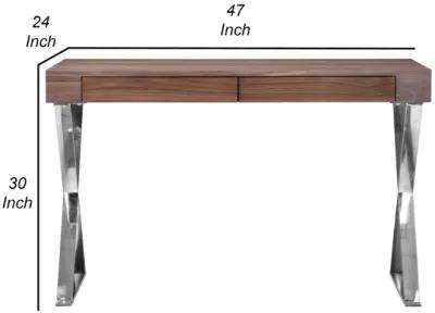 Rix 47 Inch Office Desk, Walnut Wood Top, 2 Drawers, X Polished Steel Legs - Benzara