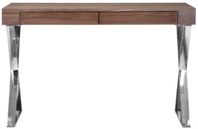 Rix 47 Inch Office Desk, Walnut Wood Top, 2 Drawers, X Polished Steel Legs - Benzara