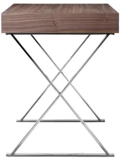 Rix 47 Inch Office Desk, Walnut Wood Top, 2 Drawers, X Polished Steel Legs - Benzara