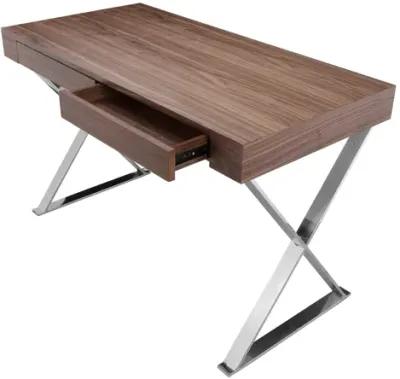 Rix 47 Inch Office Desk, Walnut Wood Top, 2 Drawers, X Polished Steel Legs - Benzara