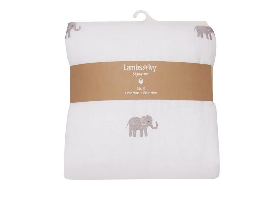 Lambs & Ivy Signature Elephant Creamy White Linen Embroidered Baby Crib Quilt