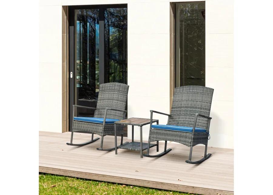 Blue Porch Ensemble: 3-Piece PE Rattan Rocking Chair Set