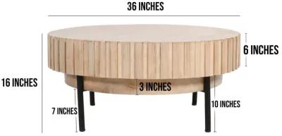 36 Inch Modern Handcrafted Round Coffee Table, Oak White Wood Top with Grooved Edges, Black Iron Legs-Benzara