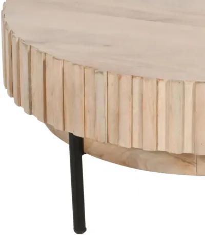 36 Inch Modern Handcrafted Round Coffee Table, Oak White Wood Top with Grooved Edges, Black Iron Legs-Benzara