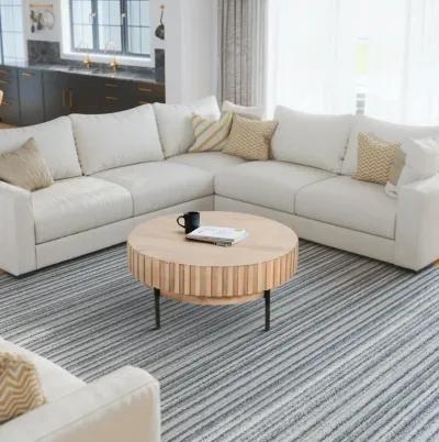 36 Inch Modern Handcrafted Round Coffee Table, Oak White Wood Top with Grooved Edges, Black Iron Legs-Benzara