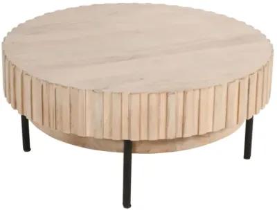 36 Inch Modern Handcrafted Round Coffee Table, Oak White Wood Top with Grooved Edges, Black Iron Legs-Benzara