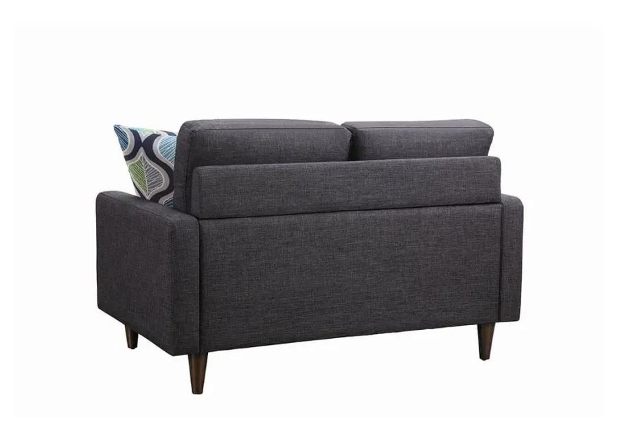 Fabric Upholstered Wooden Loveseat with Tufted Back, Gray-Benzara