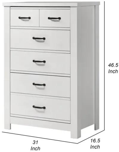 Jermy 47 Inch Tall Dresser, 5 Drawers, Black Handles, Crisp White Finish - Benzara