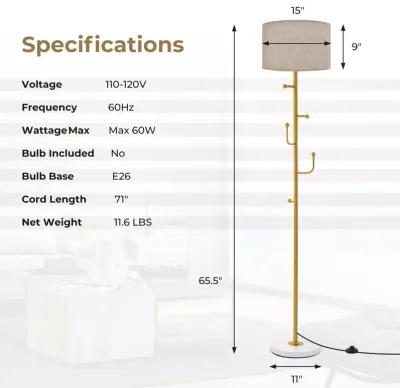 Freestanding Tall Pole Lamp with 5 Hooks and Sturdy Weighted Base