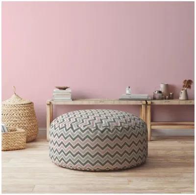 Homezia 24" Grey And Pink Twill Round Chevron Pouf Ottoman