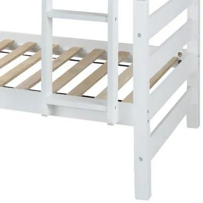 Wooden Twin Over Twin Bunk Bed with Attached Ladder, White-Benzara