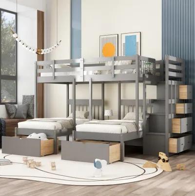 Merax Wooden Triple Bunk Bed with Drawers