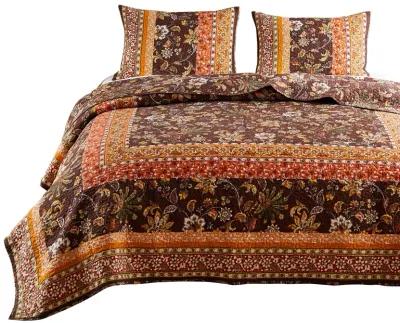 3 Piece King Quilt Set, Bohemian, Jacobean Floral Print, Brown, Orange - Benzara