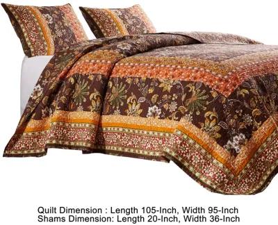 3 Piece King Quilt Set, Bohemian, Jacobean Floral Print, Brown, Orange - Benzara