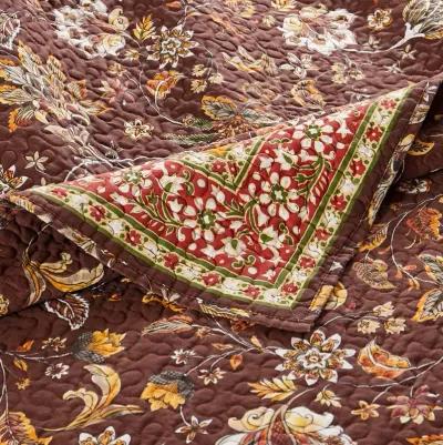 3 Piece King Quilt Set, Bohemian, Jacobean Floral Print, Brown, Orange - Benzara