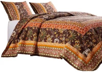 3 Piece King Quilt Set, Bohemian, Jacobean Floral Print, Brown, Orange - Benzara