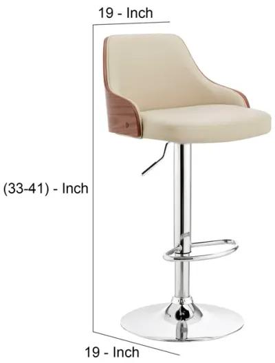 Faux Leather and Metal Adjustable Bar Stool, Cream and Silver-Benzara