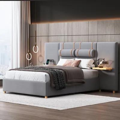 Merax Velvet Platform Bed  with Built-in Pillows