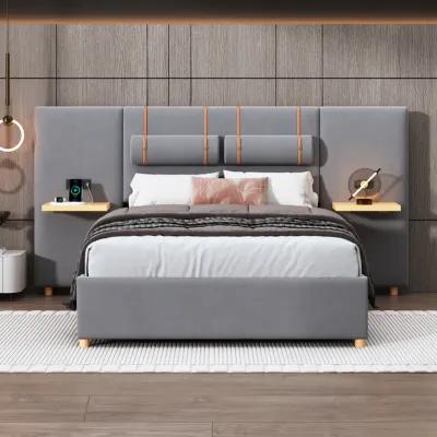 Merax Velvet Platform Bed  with Built-in Pillows