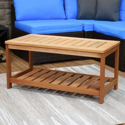 Sunnydaze 35.25 in Meranti Wood Rectangular Patio Coffee Table with Shelf