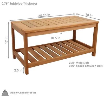 Sunnydaze 35.25 in Meranti Wood Rectangular Patio Coffee Table with Shelf