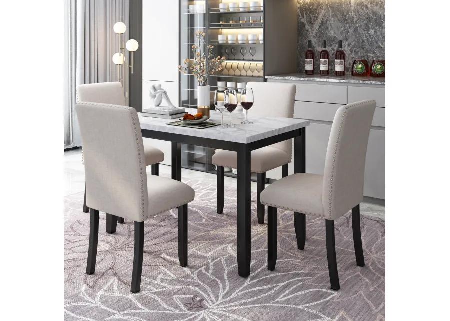 Merax Faux Marble 5-Piece Dining Set Table with 4 Thicken Cushion Dining Chairs Home Furniture