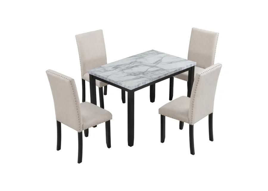 Merax Faux Marble 5-Piece Dining Set Table with 4 Thicken Cushion Dining Chairs Home Furniture