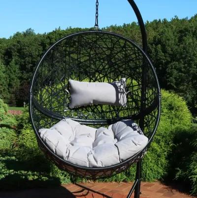 Sunnydaze Black Resin Wicker Round Hanging Egg Chair with Cushions