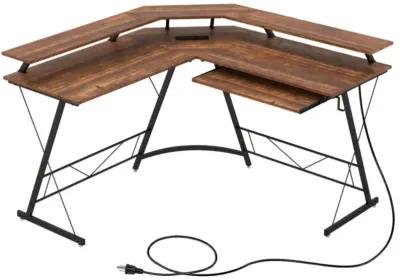 Hivvago L-shaped Computer Desk with Power Outlet and Monitor Stand