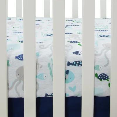 Lambs & Ivy Oceania 100% Cotton Fitted Crib Sheet - White with Blue Nautical/Aquatic Fish and Octopus