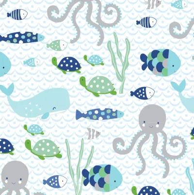 Lambs & Ivy Oceania 100% Cotton Fitted Crib Sheet - White with Blue Nautical/Aquatic Fish and Octopus