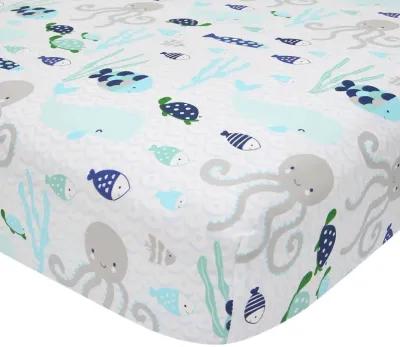 Lambs & Ivy Oceania 100% Cotton Fitted Crib Sheet - White with Blue Nautical/Aquatic Fish and Octopus