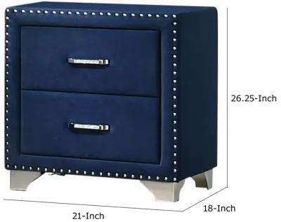 Cale 26 Inch Modern Wood Nightstand, Velvet Upholstered, Nailhead, Blue-Benzara