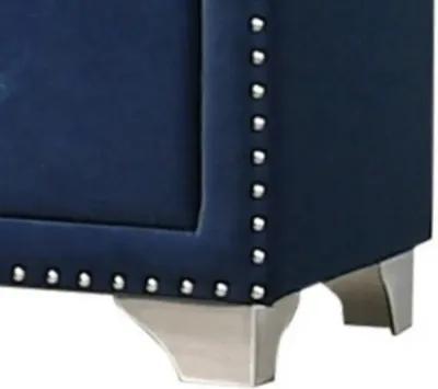 Cale 26 Inch Modern Wood Nightstand, Velvet Upholstered, Nailhead, Blue-Benzara