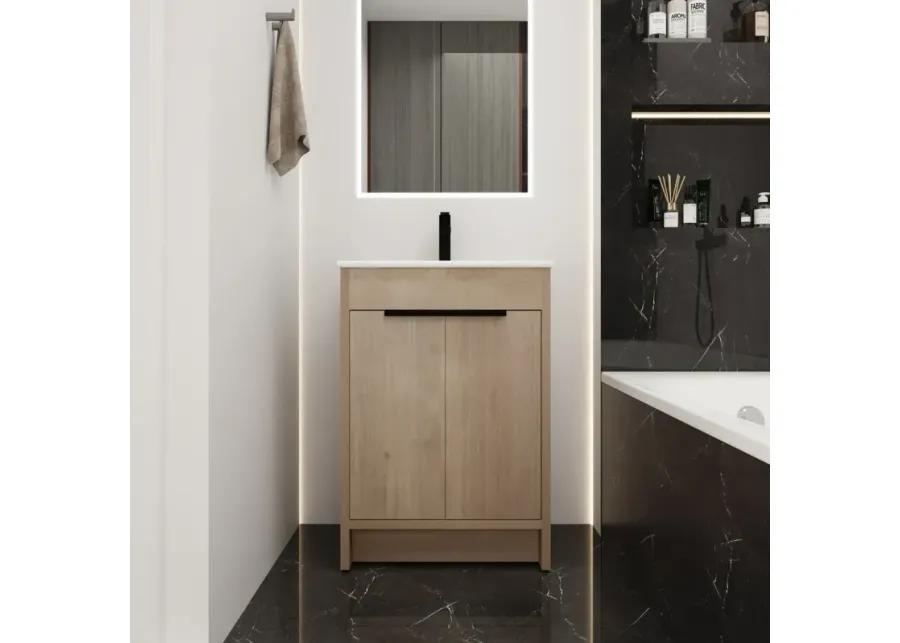 Freestanding Bathroom Vanity With White Ceramic Sink & 2 Soft-Close Cabinet Doors