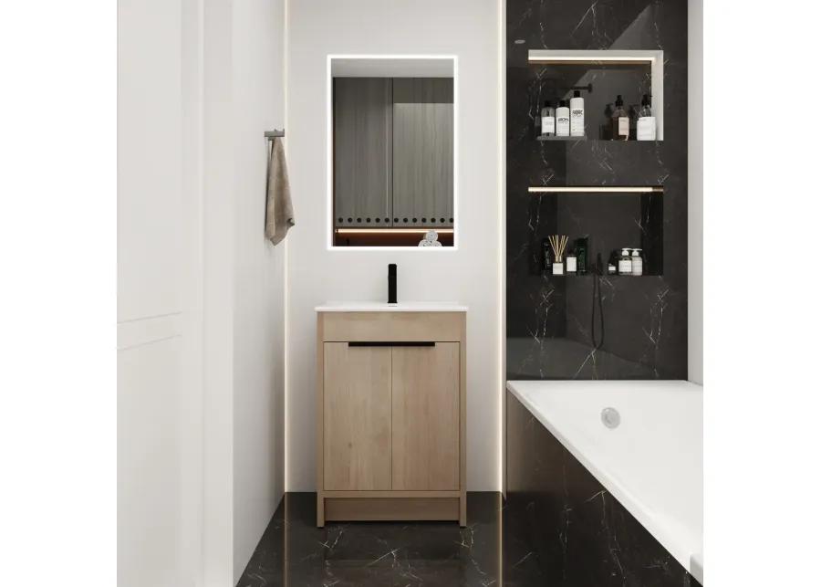 Freestanding Bathroom Vanity With White Ceramic Sink & 2 Soft-Close Cabinet Doors