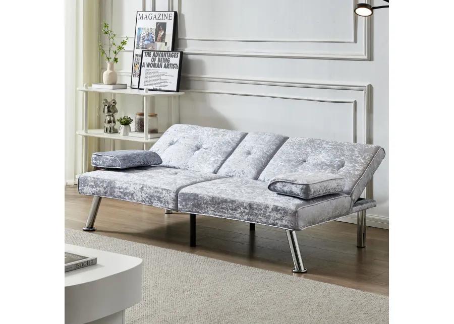 Gray Velvet Sofa Bed with Removable Armrests & Cup Holders