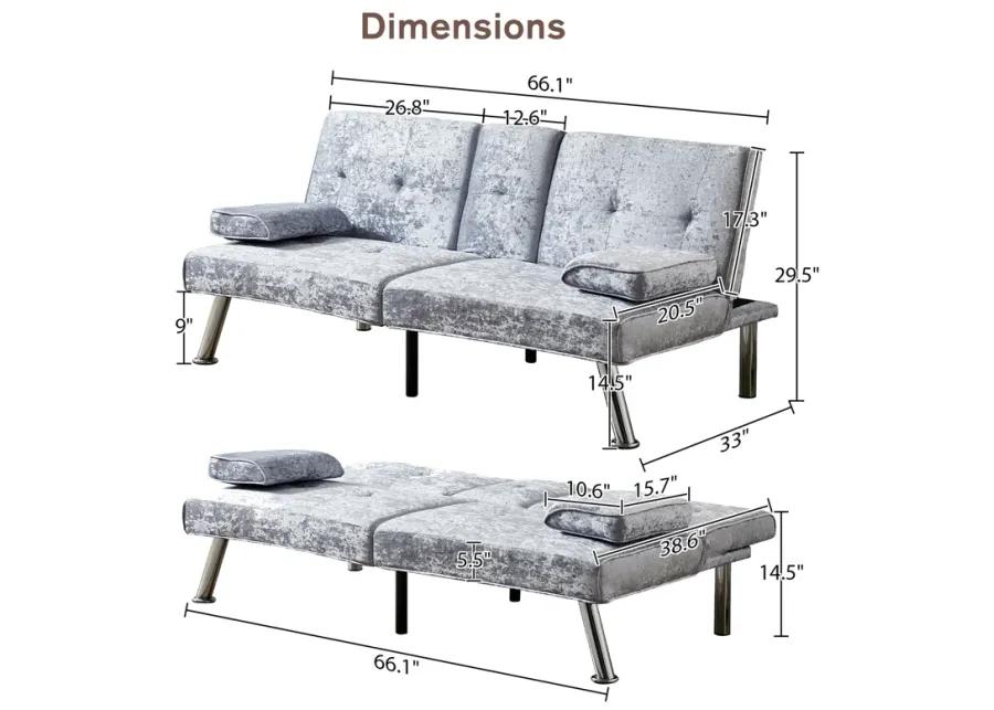 Gray Velvet Sofa Bed with Removable Armrests & Cup Holders